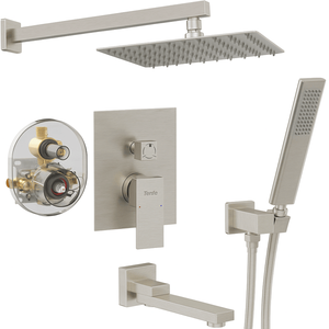 Set di Accessori per Bagno con Rubinetto Pieghevole NPT Maschio per Vasca e Doccia, Soffione a Pioggia e Doccetta, Finitura Nichel Spazzolato - Product Image 1