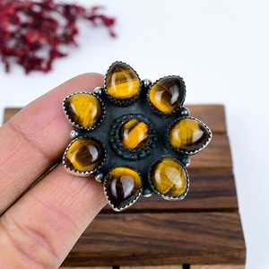 Tiger's Eye Flower <b>Statement</b> <b>Ring</b> 925 Sterling <b>Silver</b> Yellow Gemstone Boho Floral Jewelry Gift for Her - Product Image 4