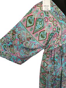 Robe mi-longue DHATI à imprimé floral bohème, col en V, manches trois quarts, coupe ample, taille élastique, 100% soie chiffon, décontractée pour l'été - Product Image 4
