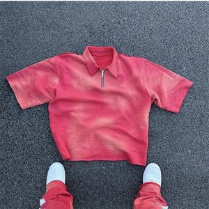 Polo pour homme dégradé rouge, col demi-zip, coupe courte, style streetwear décontracté, coupe ajustée, tendance estivale - Product Image 5