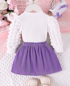 Girls Vintage Skirt Set Kids Solid Ruffle Shoulder Crop Tops Bowknot Autumn ODM <b>Clothes</b> Outfits Daily Wear - Product Image 6