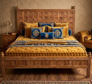 Meubles de chambre à coucher de luxe en teck massif sculpté à la main, lit king-size avec décor floral sculpté et table de chevet assortie - Product Image 6