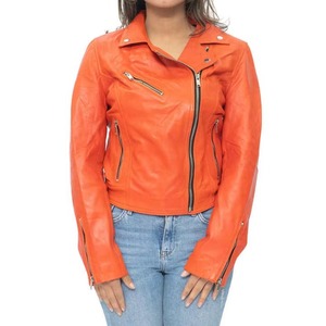 Women's Orange Color Leather Jacket Custom Zip Closure High Quality Fashion Apparel Genuine Custom Leather Avirex Jacket Women - Product Image 5