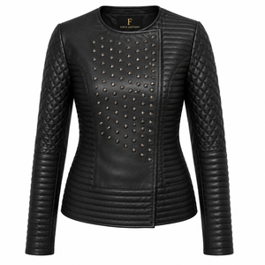 Chaqueta de Cuero para Mujer, Marca Furat, Negra, con Tachuelas, de Piel de Oveja, Acolchada, Ecológica, de Secado Rápido, con Bordado 3D, Transpirable, con Cierre - Product Image 1