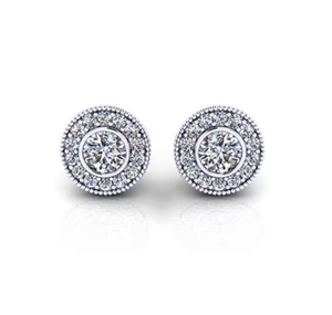 14K Gold Milgrain Pave <b>Set</b> Halo Round Cut Diamond (Natural) <b>Stud</b> <b>Earrings</b> For Traditional and Contemporary Jewelry Collections - Product Image 3