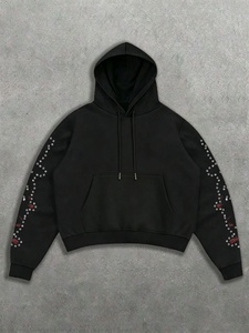 Heavyweight Black Rhinestone Embellished Zip Hoodie Oversized Cotton Blend Fleece Sweatshirt Urban Street Fashion for Men Women - Product Image 1