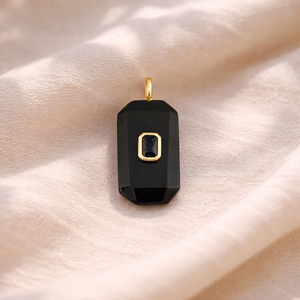 Black Onyx Faceted <b>Cushion</b> Shape Gemstone Charm with <b>Rectangular</b> CZ Accent, Gold Plated Jewelry Connector - Product Image 1