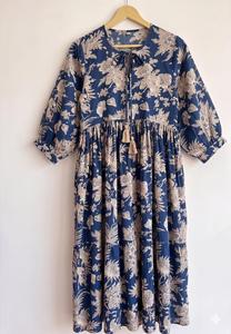 Boho Floral Print Maxi <b>Dress</b> Women Loose Fit Tie Neck Three Quarter Sleeve Puff Sleeve <b>Elastic</b> Waist Viscose Casual Spring <b>Dress</b> - Product Image 2