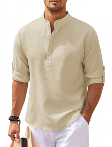 <b>Mens</b> Textured Stripe Mandarin Collar Casual Shirt <b>Roll</b> Up Sleeve Summer <b>Top</b> - Product Image 2