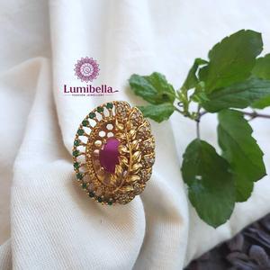 Stainless Steel Matte Floral Gemstone Ring Vintage 18K Plated Openable Band - Product Image 2