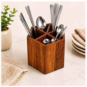 Handcrafted Hexagonal Wooden Cutlery Holder 4-Compartment Solid Wood Utensil <b>Caddy</b> & Silverware Organizer For <b>Kitchen</b> Countertop - Product Image 2