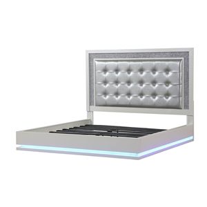 Cama Queen con LED y Estructura de Madera Tapizada en Blanco Leche - Product Image 3