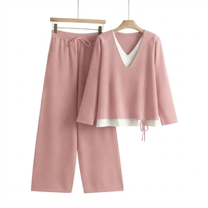 Conjunto de Suéter de Punto Transpirable con Cuello Mandarín para Mujer Muhseeq, Pantalones Anchos de Pierna Larga con Parches, Conjunto de Dos Piezas, Jacquard, Otoño - Product Image 5