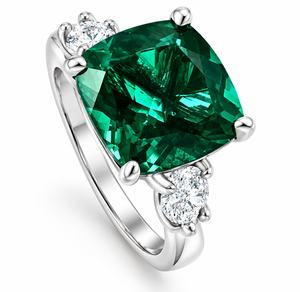Anillo con Esmeralda Verde Corte Cojín y Diamantes Laterales, Bañado en Rodio, Oro 10K/14K/18K, Plata 925/935, para Aniversario de Bodas - Product Image 2