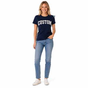 Camisetas de Punto con Cuello Redondo para Mujer, 100% Algodón, Bordado Personalizado, Letras en Tela Twill, Camiseta Ligera de Algodón de Manga Corta - Product Image 1
