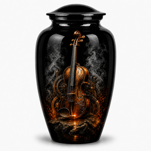 Autocollant commémoratif avec image de lac magnifique et lune, violon, guitare, et urne funéraire en émail pour cendres humaines - Product Image 2
