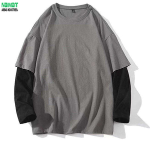 T-shirt à manches longues surdimensionné pour homme, en coton tricoté contrastant orange, col rond, design décontracté à blocs de couleur unie - Product Image 6