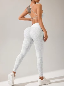 Seamless Two Piece Fitness Outfit Strappy Criss <b>Cross</b> Back Crop <b>Top</b> and Ruched Booty Lifting Running Tight Pants Sportswear - Product Image 2