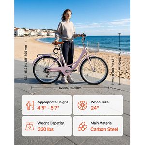 Bicicletta da Spiaggia per Donna 28 Pollici, 7 Velocità, Bici da Città per Adulti, Telaio in Acciaio al Carbonio, Capacità 330 Libbre, con Cestino e Portapacchi Posteriore - Product Image 3