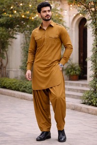 Conjunto de Kurta y Shalwar de Algodón Color Mostaza para Hombre, Corte Regular, Estilo Tradicional Indio-Pakistaní, Informal, para Todas las Temporadas, Sin Arrugas, Largo hasta el Tobillo - Product Image 1