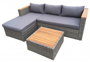 Modern Outdoor Sectional Patio Sofa Rattan Garden Conversation Set with <b>Cushions</b> and Wooden Top Table - Product Image 1