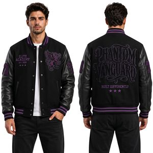 Veste universitaire en cuir bleu marine foncé avec écusson étoile, corps en laine premium, broderie au dos, style Letterman - Product Image 3