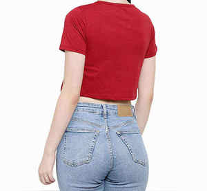 Women's <b>Red</b> <b>Crop</b> <b>Top</b> Short Sleeve V-Neck Striped Color Block Knitted Casual T-Shirt - Product Image 2