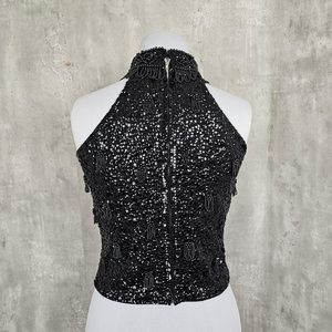 COTTON COUTURE <b>Women</b> <b>Black</b> Sequined Halter Neck <b>Tank</b> <b>Top</b> Sleeveless Crop Blouse with Fringe Trim 100% Polyester Sexy & Club - Product Image 2