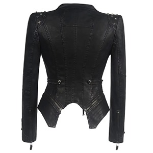 Blouson moto en cuir pour femme avec rivets décoratifs, col montant, manches longues, fermeture éclair, couleur unie, style automne - Product Image 5