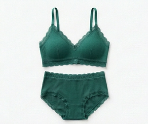 Ensemble soutien-gorge sans armatures et culotte hipster vert émeraude pour femme, en dentelle, sans couture, taille mi-haute, en coton tricoté et élasthanne - Product Image 1