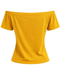 T-shirt femme jaune moutarde à épaules dénudées, manches courtes, coupe ajustée, décontracté, été, en coton doux, personnalisable, fabricant OEM - Product Image 4