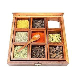 Boîte à masala pour table de cuisine avec 9 compartiments et cuillère, boîte de rangement multifonction pour épices, boîtes en bois de qualité alimentaire, faible MOQ - Product Image 5