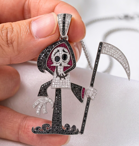 Collier pendentif Halloween en argent 925 avec moissanite et perle d'eau douce, chaîne à maillons, breloque crâne de dessin animé et Grim Reaper, bijou pour fête - Product Image 4