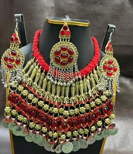 Exquisito conjunto de gargantilla y aretes afeganes Kuchi con incrustaciones de turquesa y cadenas de monedas de varias capas. - Product Image 6