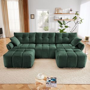 Elegante Divano a 3 Posti in Tessuto Chenille Testurizzato con Struttura in Legno Massello e Pouf con Cuscini Decorativi per Soggiorno - Product Image 3