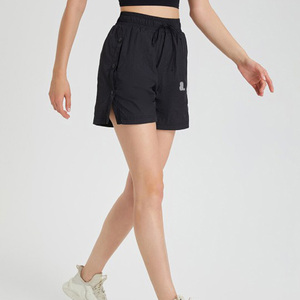 <b>Women</b> High Waist Sporty Shorts <b>Black</b> Drawstring Button Closure Woven Breathable Regular Fit Solid Color Left Leg Logo Eco Washed - Product Image 5