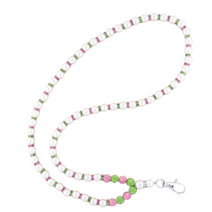 Pink Green and White Pearl Beaded Lanyard with Rhinestone Spacers ID Badge Holder Neck Strap Fashion Accessory - Product Image 1