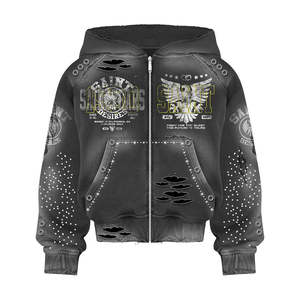 Sudadera con capucha de algodón grueso con lavado ácido para hombre, estilo streetwear, con logo bordado personalizado, efecto desgastado, con cremallera y pedrería - Product Image 3