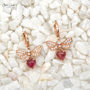 Pendientes colgantes de oro rosa macizo de 14 quilates con turmalina rosa genuina de 6,5 mm y pendientes de aro con cierre de bisagra de diamante blanco con claridad SI - Product Image 5