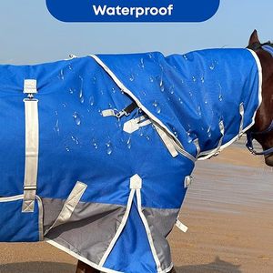 Manta para Caballo con Capucha, Peso Medio, para Invierno, Impermeable 1200D (Azul Gris con Banda, 78 pulgadas) - Product Image 6