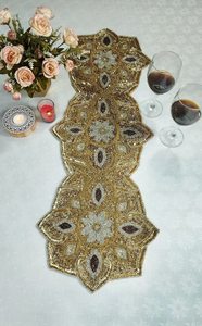Glam Handmade Fabric Table <b>Runner</b> Irregular Shape Beaded Lotus Design Gold Tone Decorative Mat - Product Image 3
