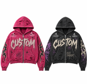 Sudadera con capucha gráfica unisex de algodón y felpa, de corte ajustado, con cremallera, estilo streetwear, con lavado ácido y efecto desgastado, de peso pesado y diseño personalizado. - Product Image 1