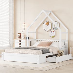 Letto a piattaforma in legno bianco queen size con sponda di sicurezza e 2 cassetti per la cameretta dei bambini - Product Image 2