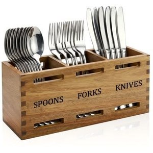 wooden cutlery stand <b>storage</b> holder utensil organizer spoon fork knife <b>kitchen</b> countertop rustic wood holder - Product Image 1