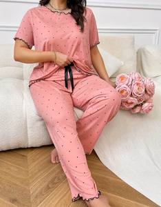 Ensemble de pyjama décontracté et tendance pour femmes grandes tailles, 2 pièces, mélange de polyester doux et confortable, imprimé à pois sur toute la surface - Product Image 2