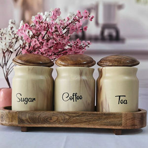 Juego de recipientes de cocina con diseño de mármol, tapa de madera y bandeja, elegante organizador de encimera para té, café y azúcar. - Product Image 1