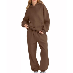 <b>Women's</b> <b>Brown</b> Hooded Full Length Regular Fit Vintage Casual Solid Color 2 Piece <b>Tracksuit</b> 100% Cotton Material OEM Custom Logo - Product Image 1