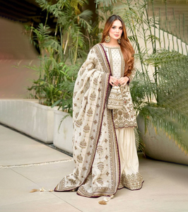 Material de Vestido de Diseñador Sharara Garara, Colección de Vestidos de Novia Pakistaníes de Diseñador, Traje Sharara con Kameez Largo - Product Image 1