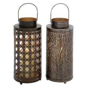Cylindrical metal lanterns intricate cutout patterns geometric lattice organic <b>leaf</b> design candle holders rustic farmhouse - Product Image 1