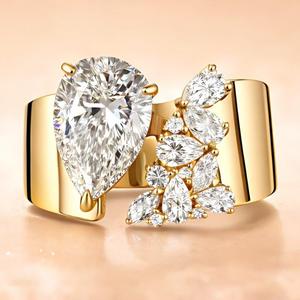 Asymmetric Pear Cut Diamond <b>Ring</b> with Pear Round & Marquise Cluster Stones <b>Thick</b> Wide Band Statement <b>Ring</b> Solid Gold Luxury Mode - Product Image 1